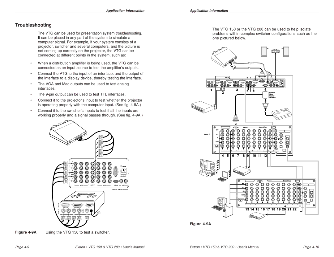 Extron electronic VTG 200 user manual Troubleshooting, 9AUsing the VTG 150 to test a switcher 