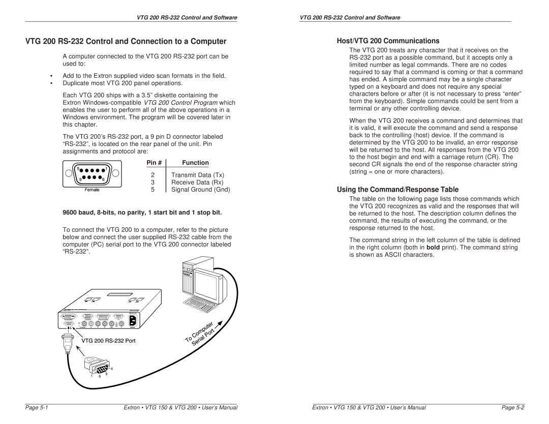 Extron electronic VTG 200 RS-232 Control and Connection to a Computer, Host/VTG 200 Communications, Pin # Function 