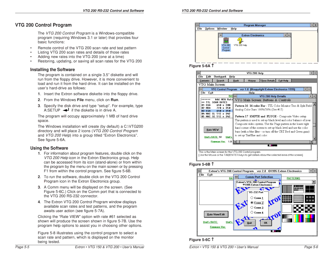 Extron electronic VTG 150 user manual VTG 200 Control Program, Installing the Software, Using the Software 