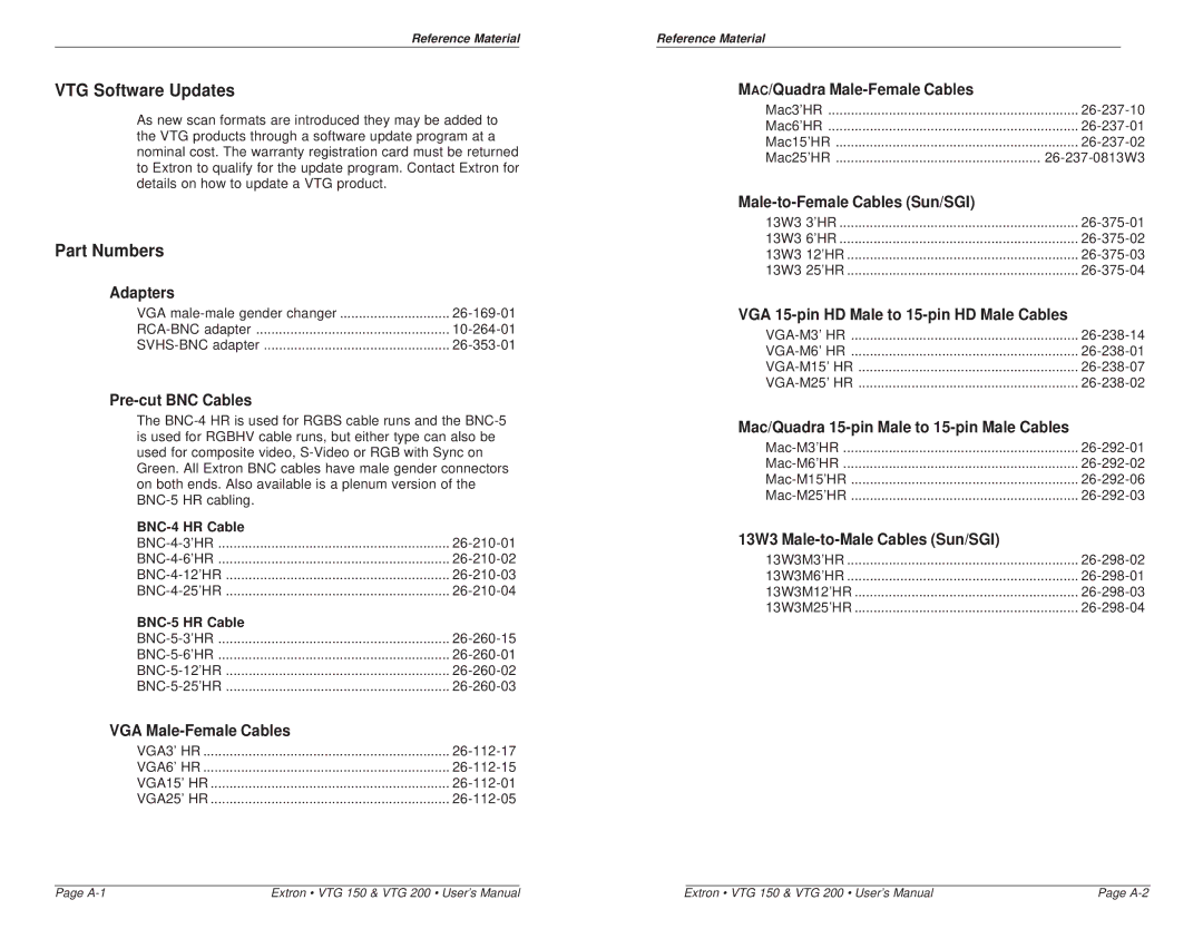 Extron electronic VTG 150, VTG 200 user manual VTG Software Updates, Part Numbers 