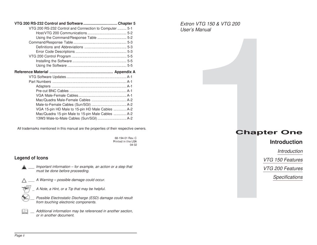 Extron electronic VTG 150 Introduction, VTG 200 RS-232 Control and Software Chapter, Reference Material Appendix a 