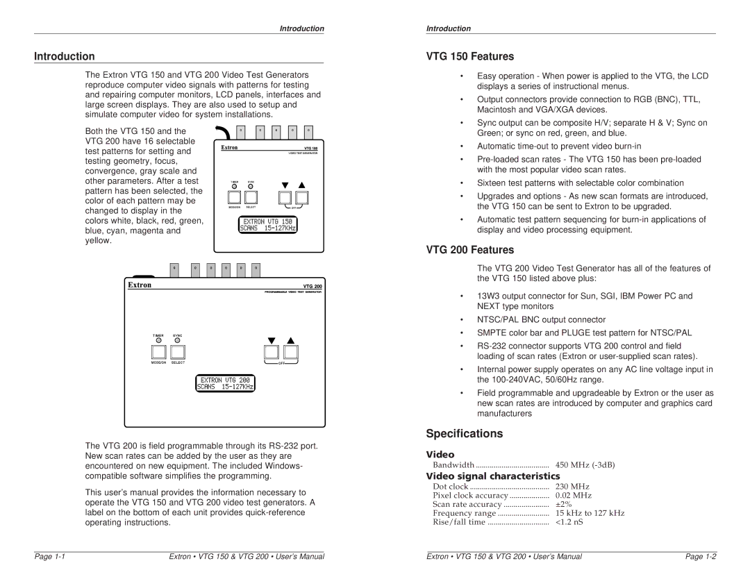 Extron electronic user manual Introduction, VTG 150 Features, VTG 200 Features, Video signal characteristics 