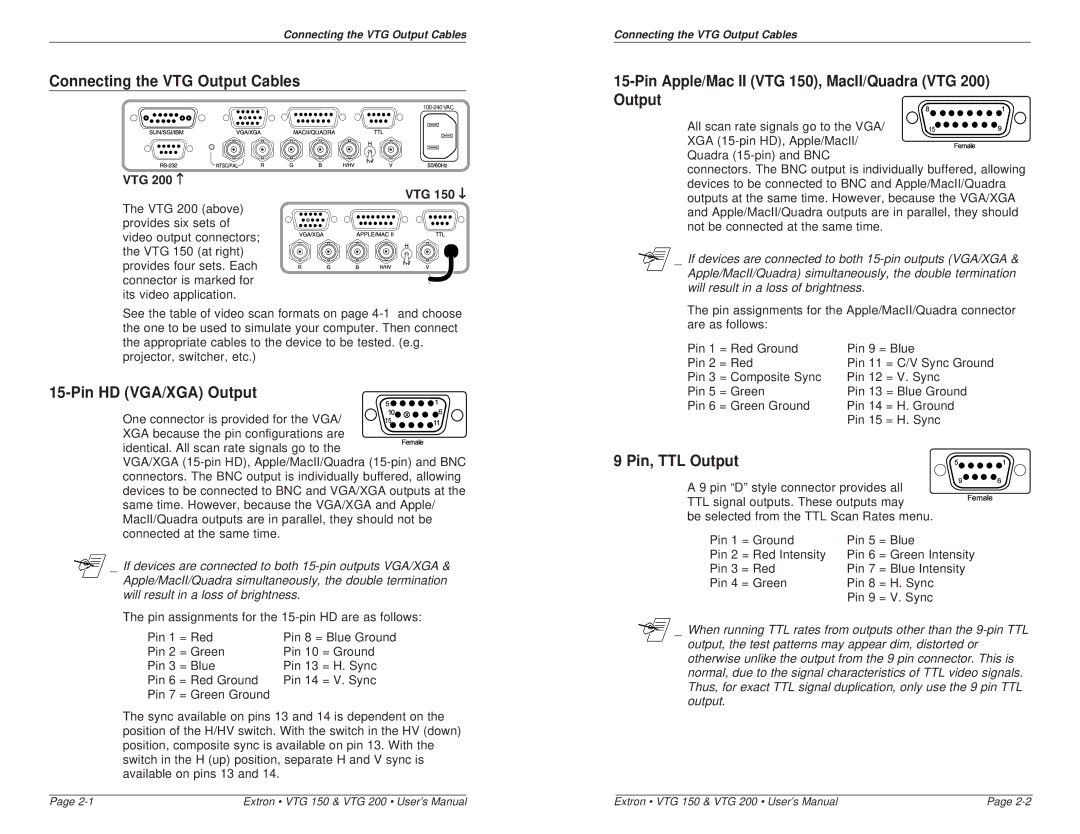 Extron electronic Connecting the VTG Output Cables, Pin HD VGA/XGA Output, Pin, TTL Output, VTG 200 ↑ VTG 150 ↓ 