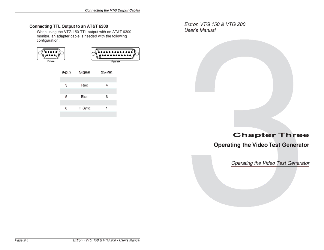 Extron electronic VTG 200, VTG 150 Operating the Video Test Generator, Connecting TTL Output to an AT&T, Pin Signal 25-Pin 