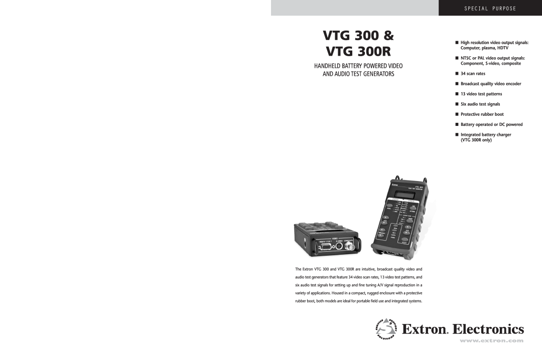 Extron electronic specifications VTG 300 & VTG 300R, Handheld Battery Powered Video, And Audio Test Generators 