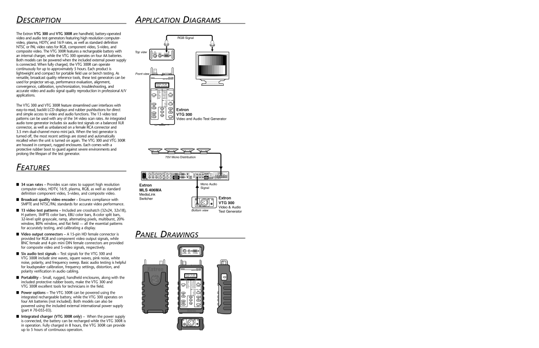 Extron electronic VTG 300R specifications Description, Features, Application Diagrams, Panel Drawings, Extron, MLS 406MA 