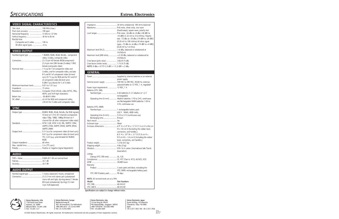 Extron electronic VTG 300R specifications Specifications 