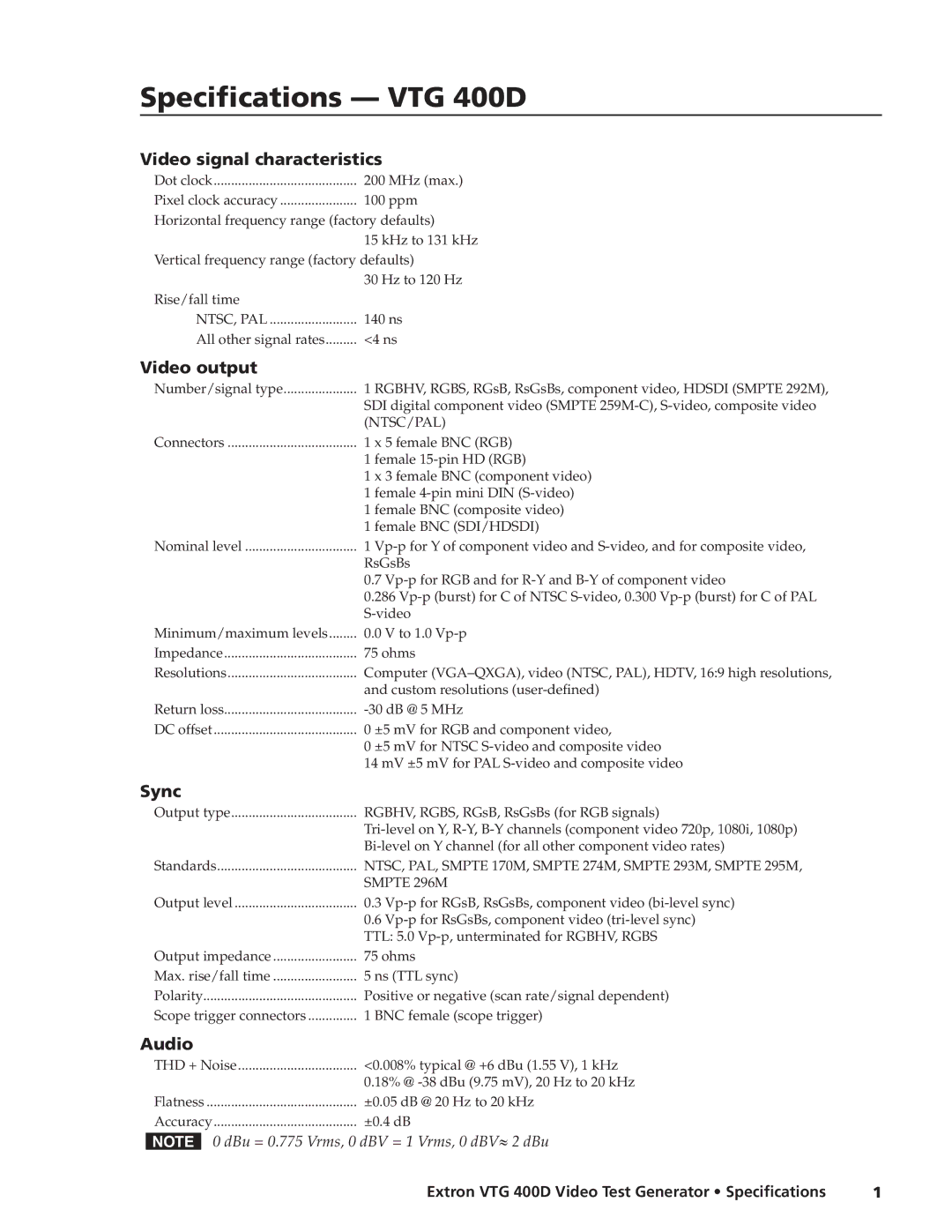 Extron electronic VTG 400D specifications Video signal characteristics, Video output, Sync, Audio 