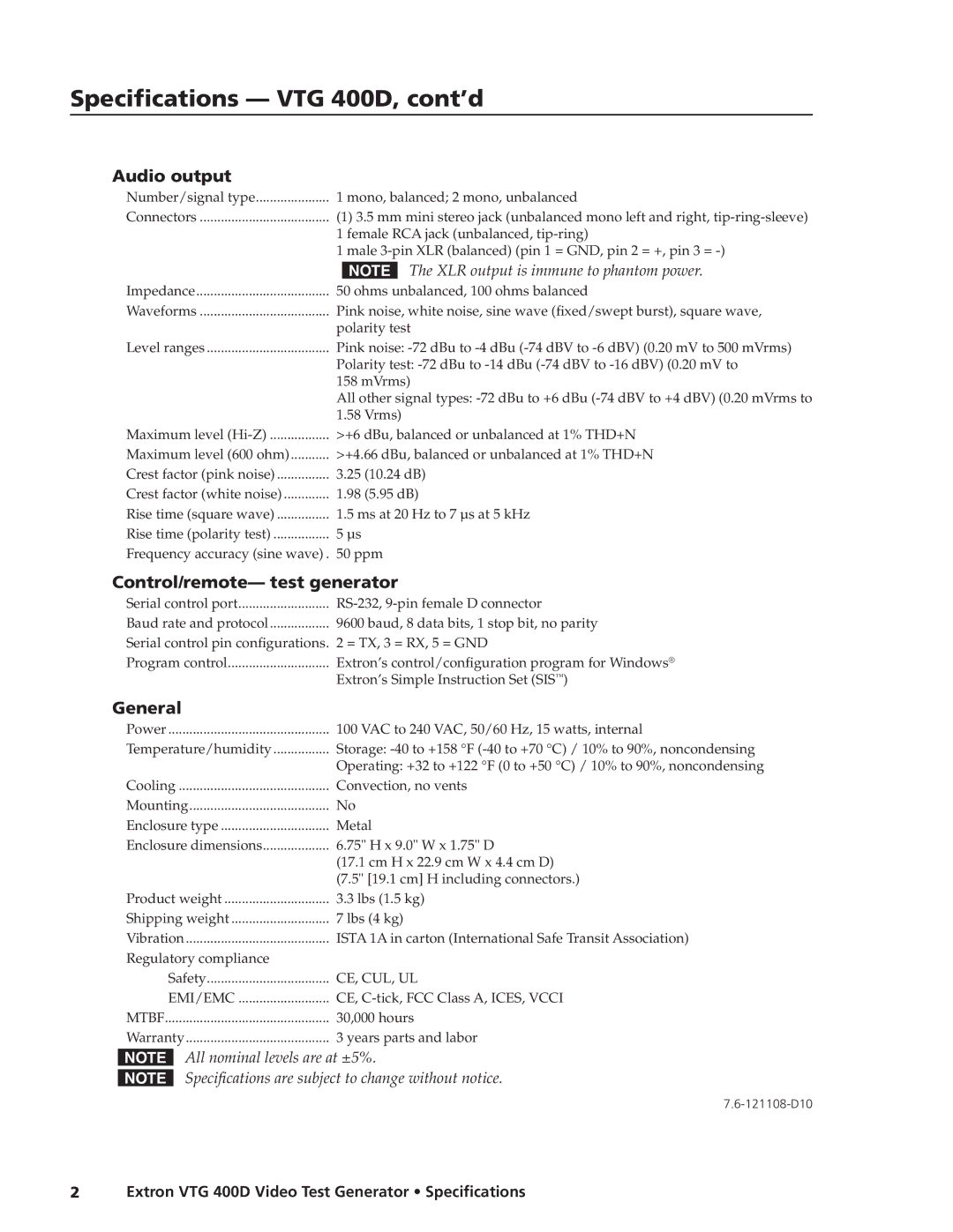 Extron electronic VTG 400D specifications Audio output, Control/remote- test generator, General 