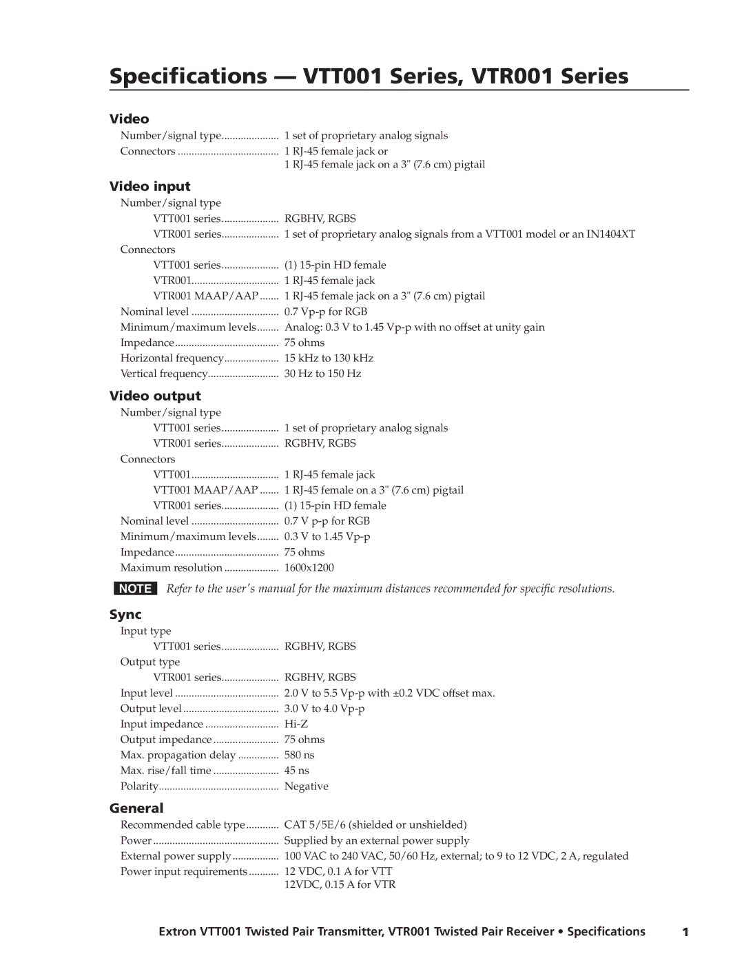 Extron electronic specifications Specifications VTT001 Series, VTR001 Series 