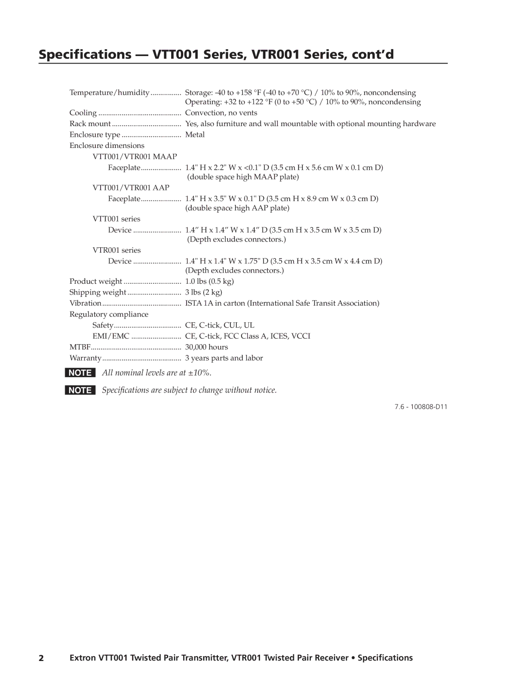 Extron electronic Specifications VTT001 Series, VTR001 Series, cont’d, VTT001/VTR001 Maap, VTT001/VTR001 AAP 