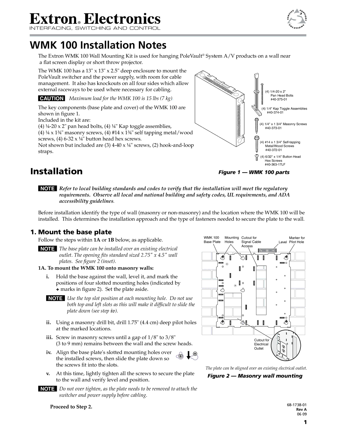 Extron electronic manual Mount the base plate, Maximum load for the WMK 100 is 15 lbs 7 kg, Proceed to Step 