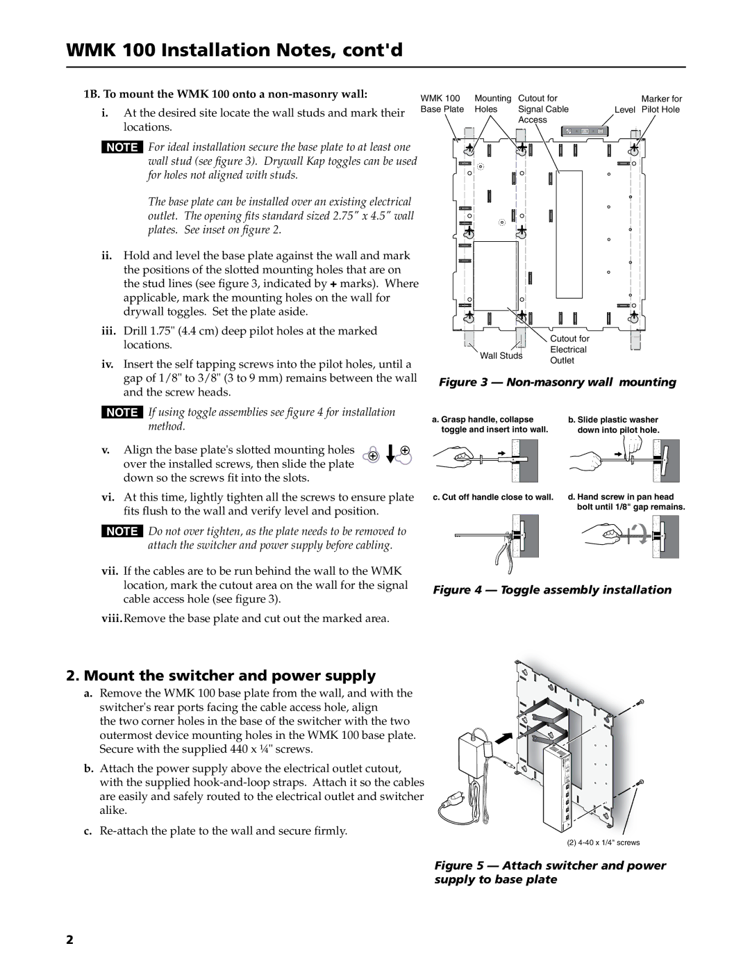 Extron electronic manual Mount the switcher and power supply, 1B. To mount the WMK 100 onto a non-masonry wall 