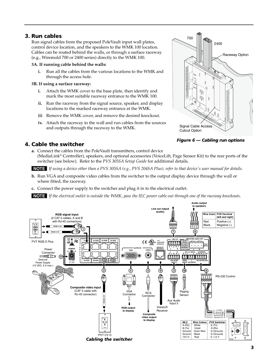 Extron electronic WMK 100 manual Run cables, Cable the switcher, 3A. If running cable behind the walls 