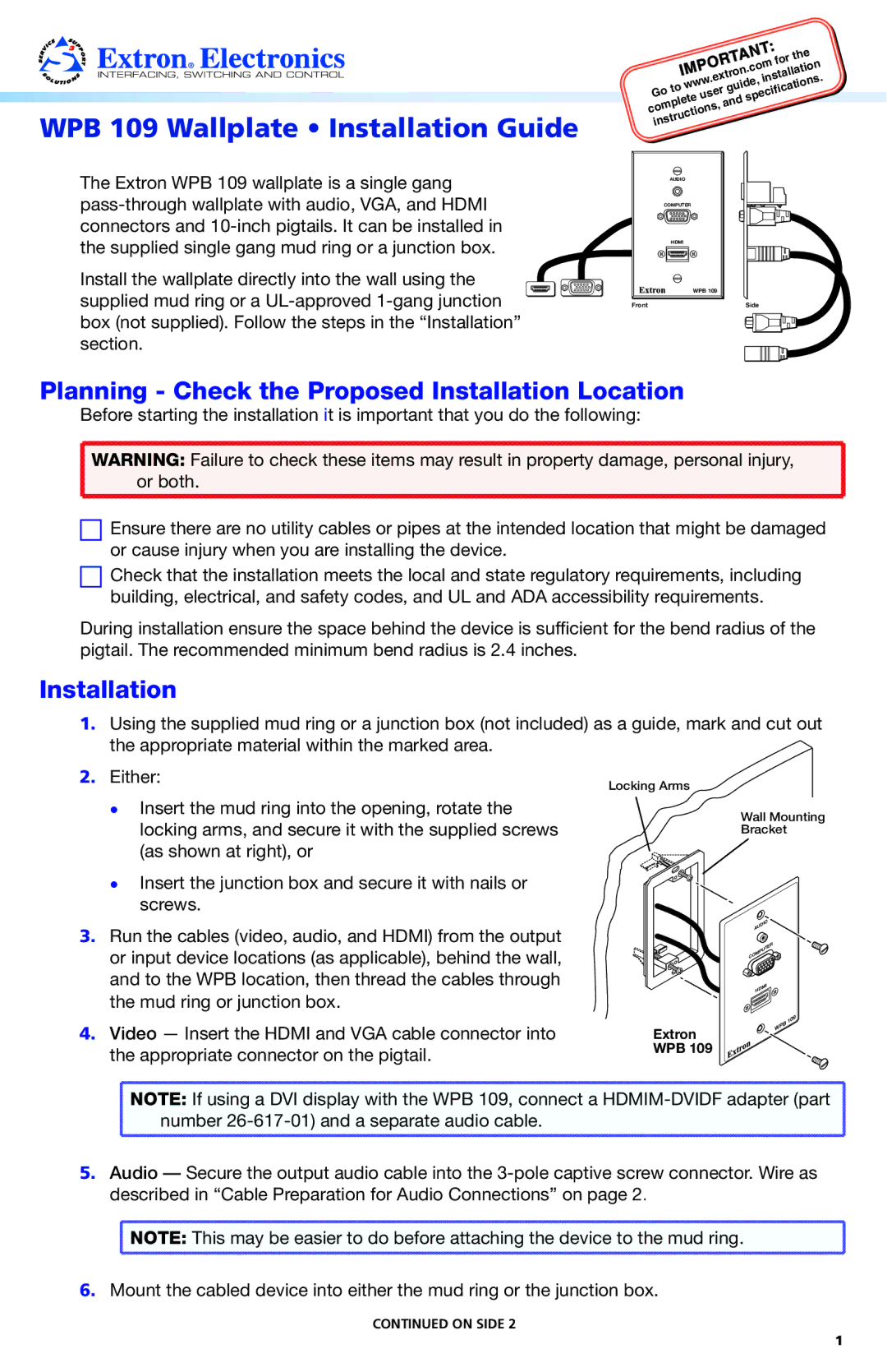 Extron electronic WPB 109 installation instructions Planning Check the Proposed Installation Location 