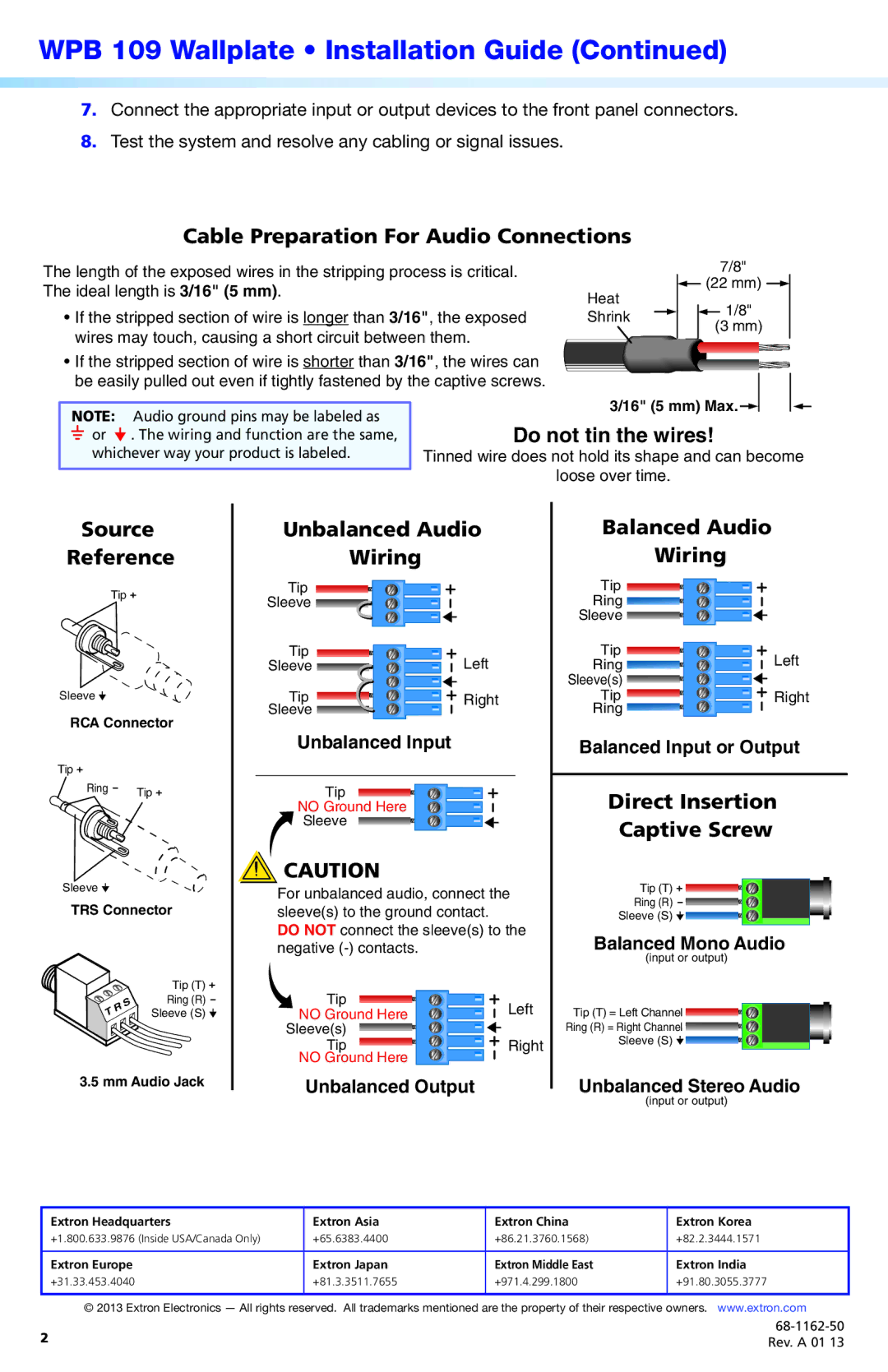 Extron electronic WPB 109 Cable Preparation For Audio Connections, Source Reference, Unbalanced Audio Wiring 