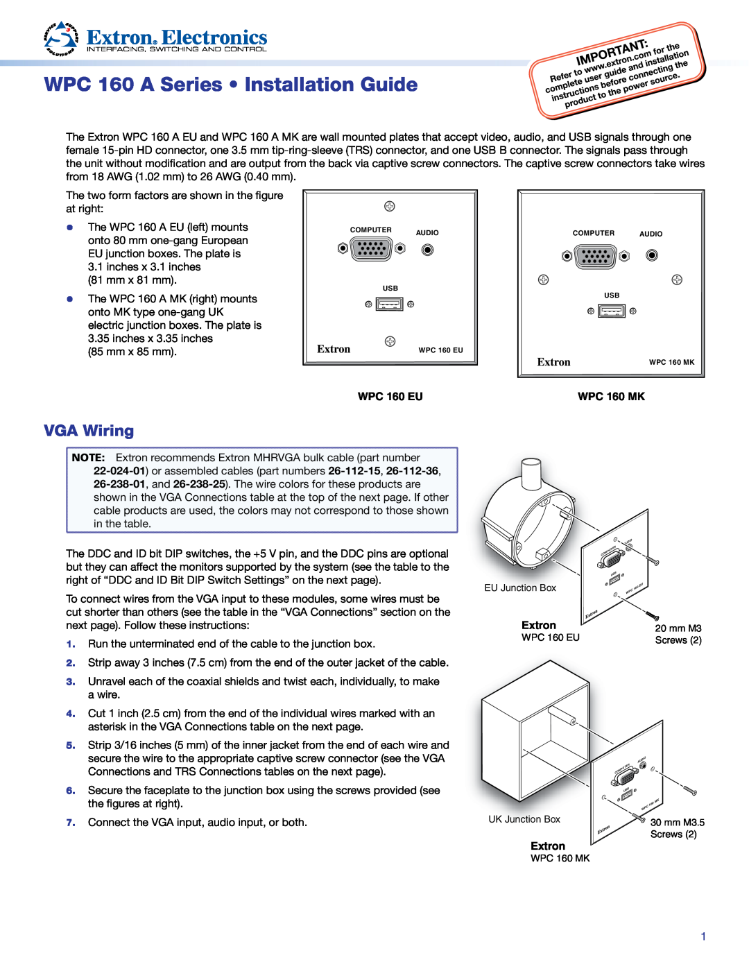 Extron electronic WPC 160 A EU manual WPC 160 A Series Installation Guide, VGA Wiring, WPC 160 EU, WPC 160 MK, Extron 