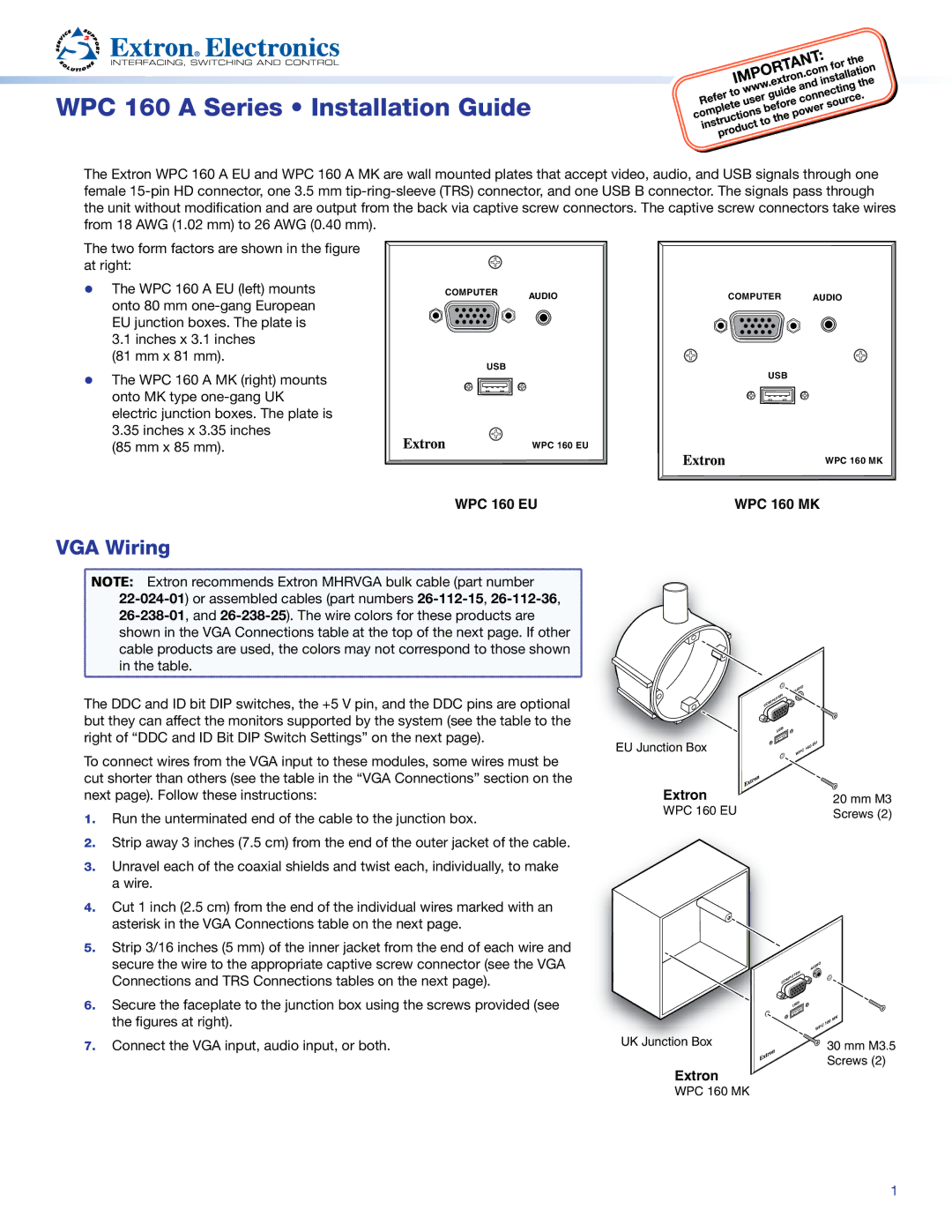 Extron electronic WPC 160 A EU, WPC 160 A MK manual WPC 160 a Series Installation Guide, VGA Wiring 