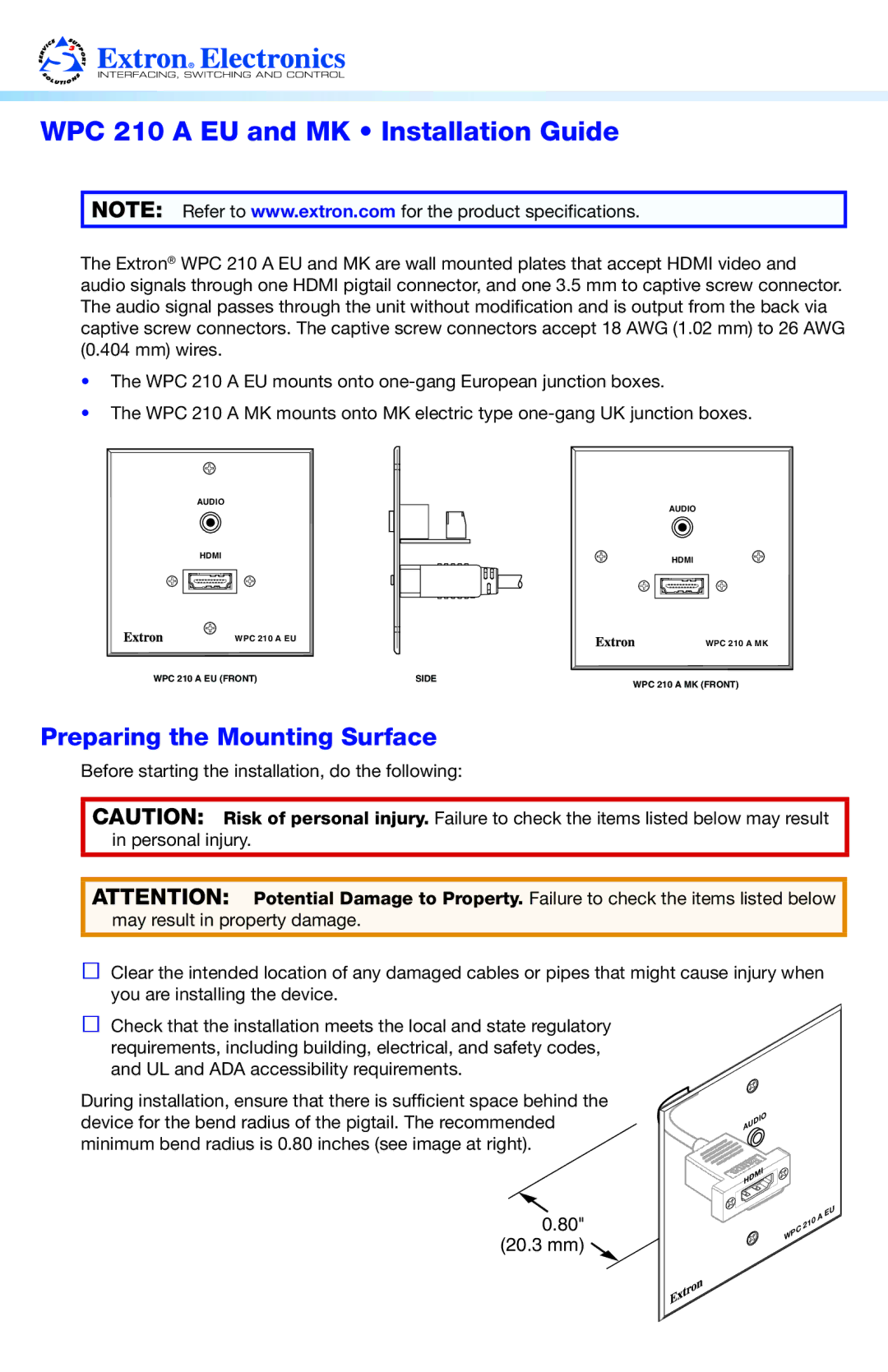 Extron electronic WPC 210 A EU, WPC 210 A MK manual WPC 210 a EU and MK Installation Guide, Preparing the Mounting Surface 