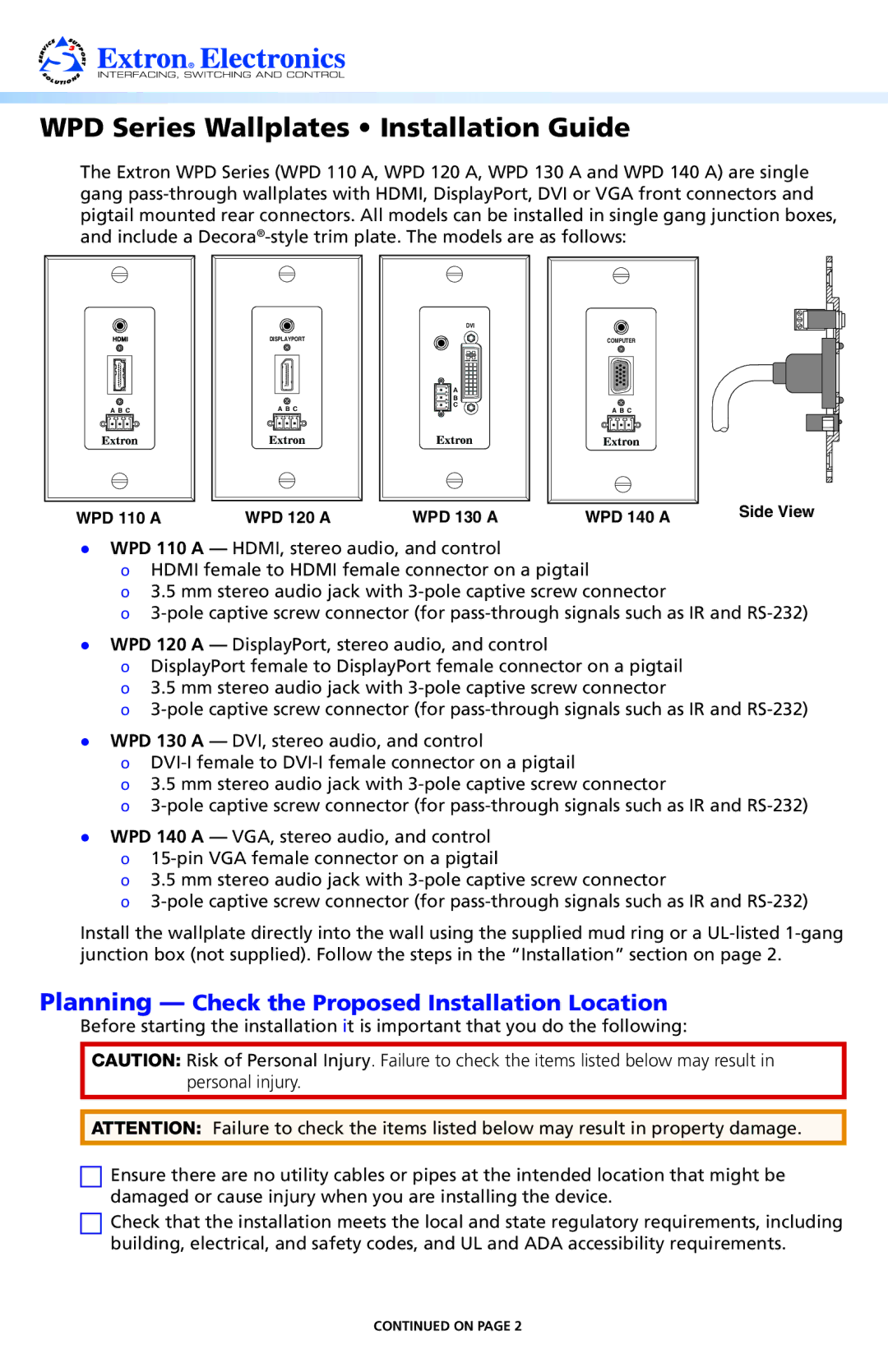 Extron electronic WPD 140 A, WPD 130 A, WPD 120 A, WPD 110 A manual WPD Series Wallplates Installation Guide 