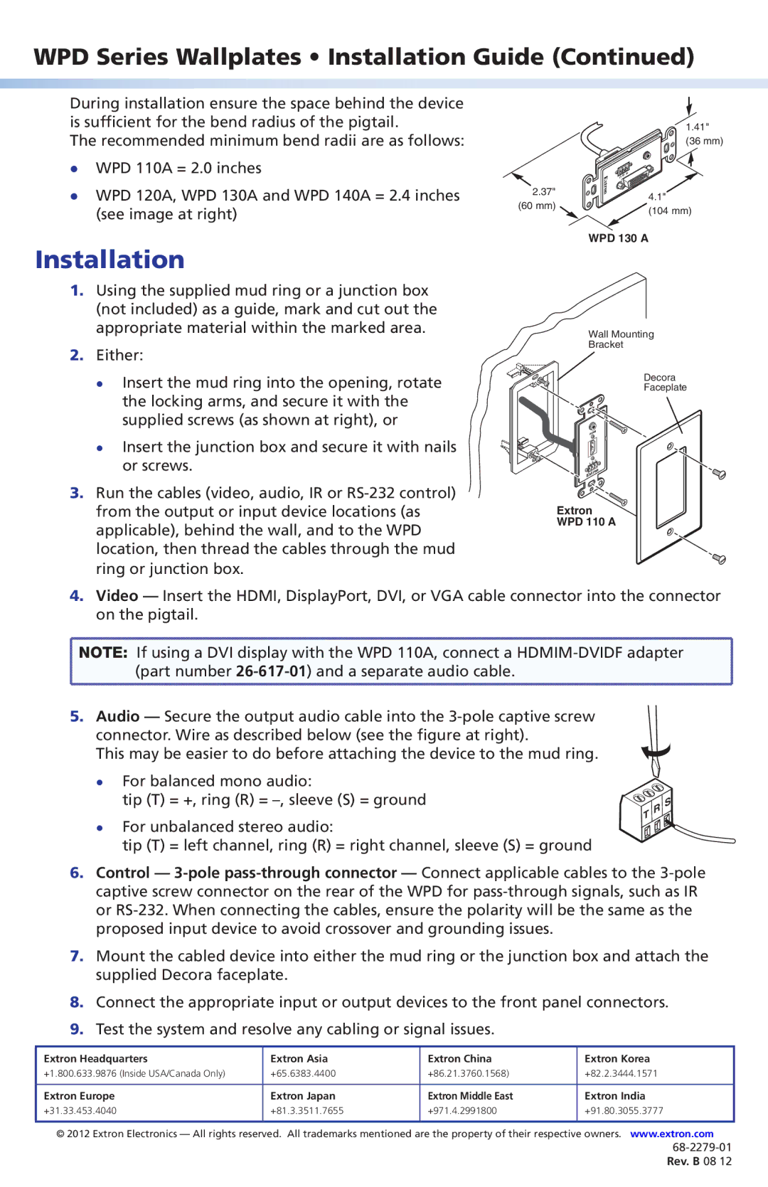 Extron electronic WPD 120 A, WPD 130 A, WPD 140 A, WPD 110 A manual Installation 