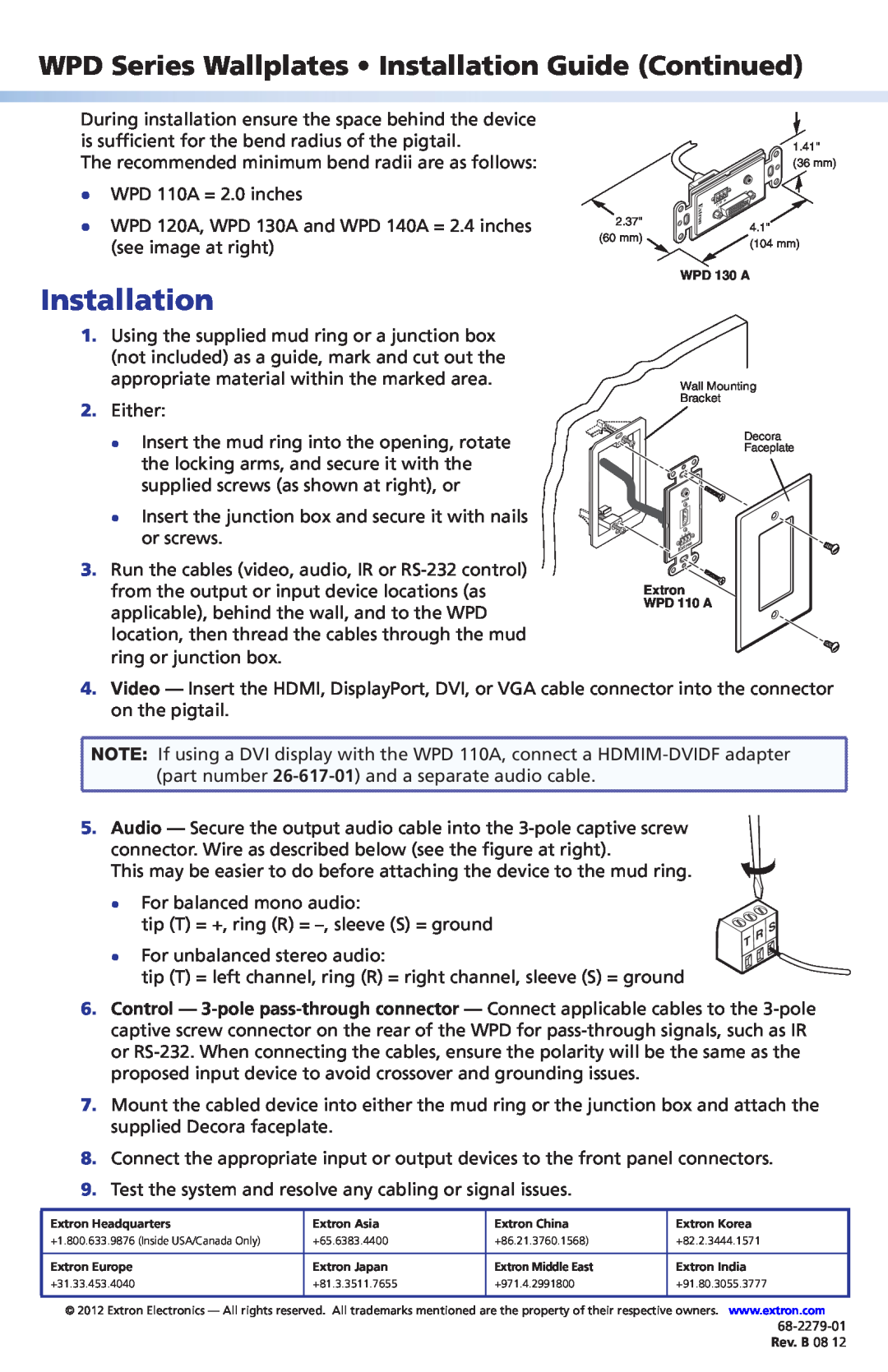 Extron electronic WPD 120 A, WPD 130 A, WPD 140 A, WPD 110 A manual Installation 