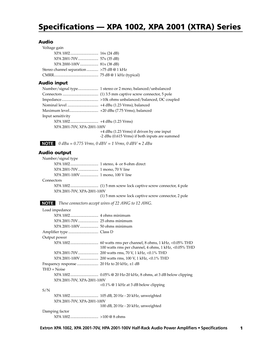 Extron electronic XPA 1002 Series, XPA 2001 (XTRA) Series, HPA 2001-100V specifications Audio input, Audio output 