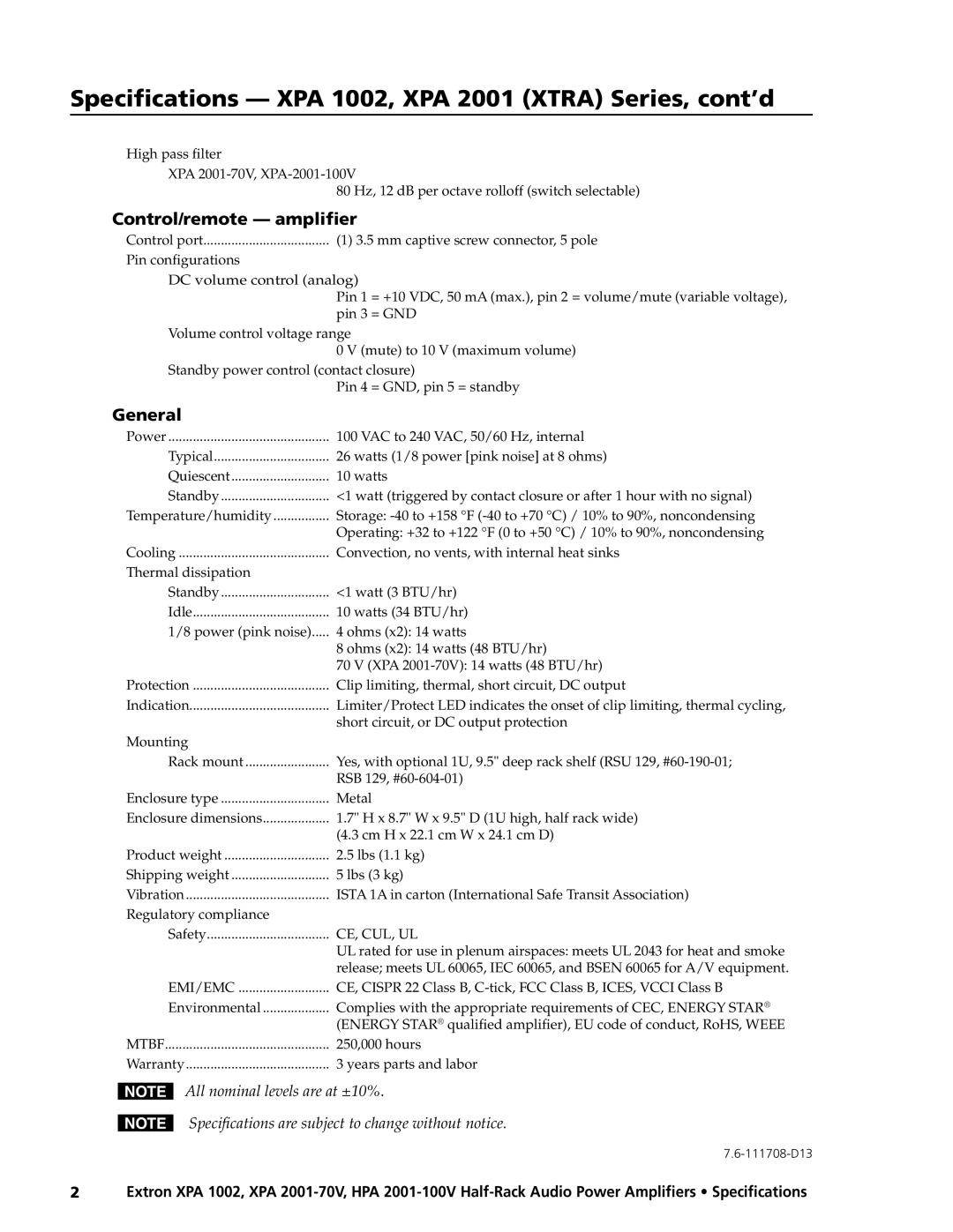 Extron electronic HPA 2001-100V, XPA 2001 (XTRA) Series, XPA 1002 Series specifications Control/remote amplifier, General 