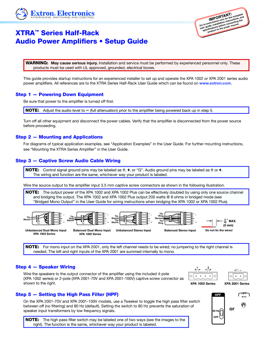 Extron electronic XPA 2001 setup guide Powering Down Equipment, Mounting and Applications, Speaker Wiring 