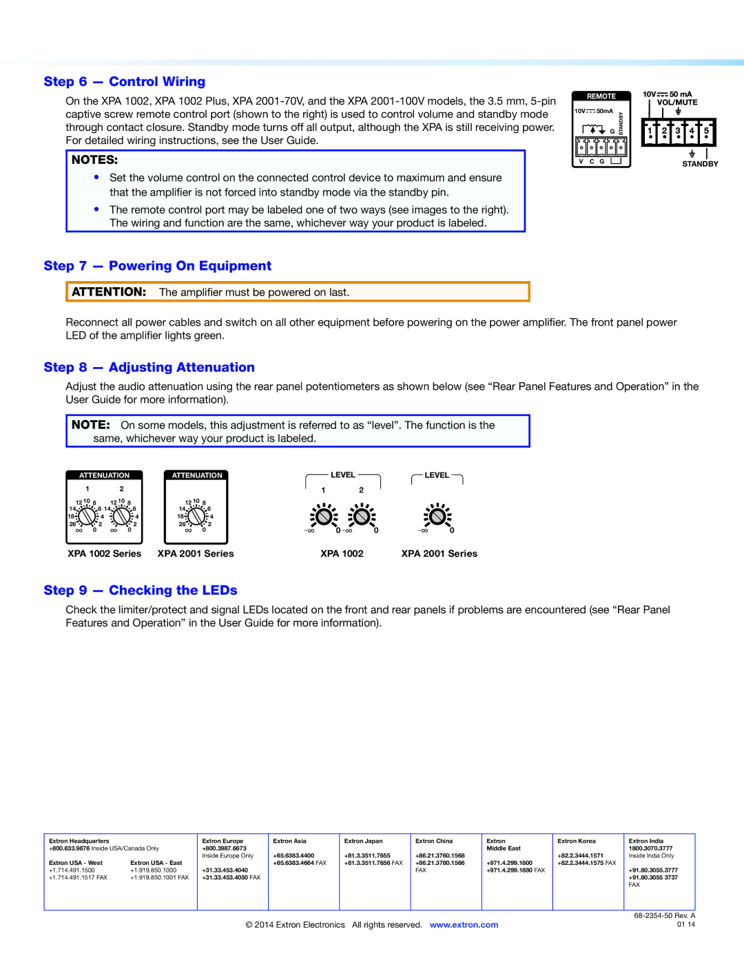 Extron electronic XPA 2001 setup guide Control Wiring, Powering On Equipment, Adjusting Attenuation, Checking the LEDs 