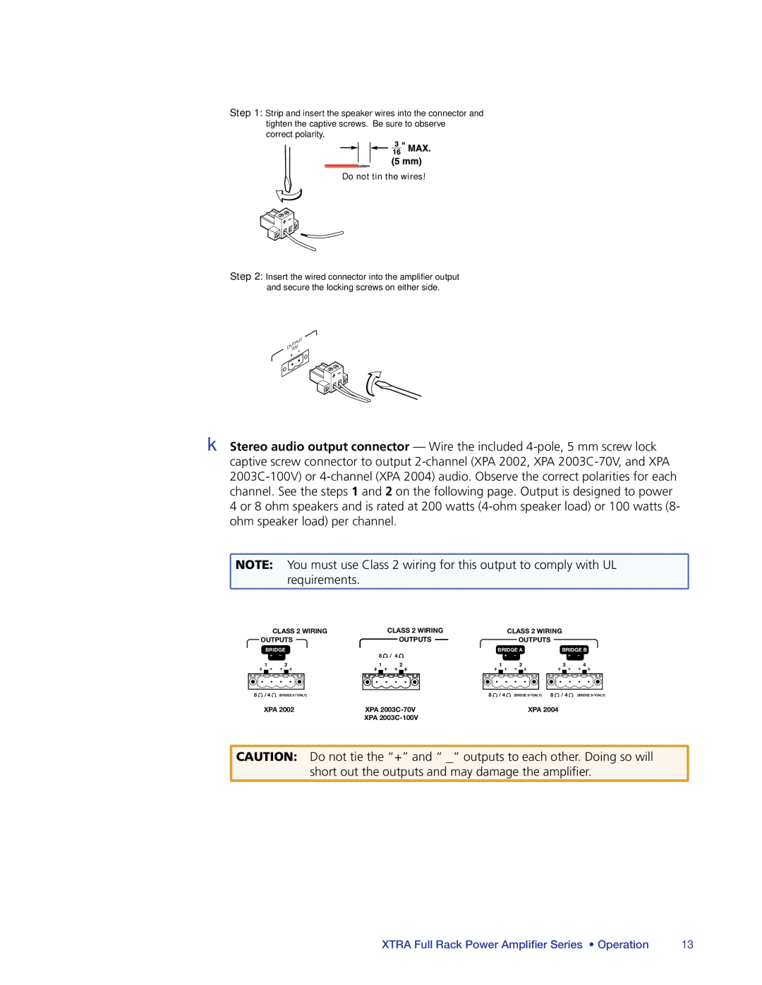 Extron electronic XPA 2002-70V, XPA 2004, XPA 2003C-70V, XPA 2003C-100V, XPA 2002-100V manual Do not tin the wires 