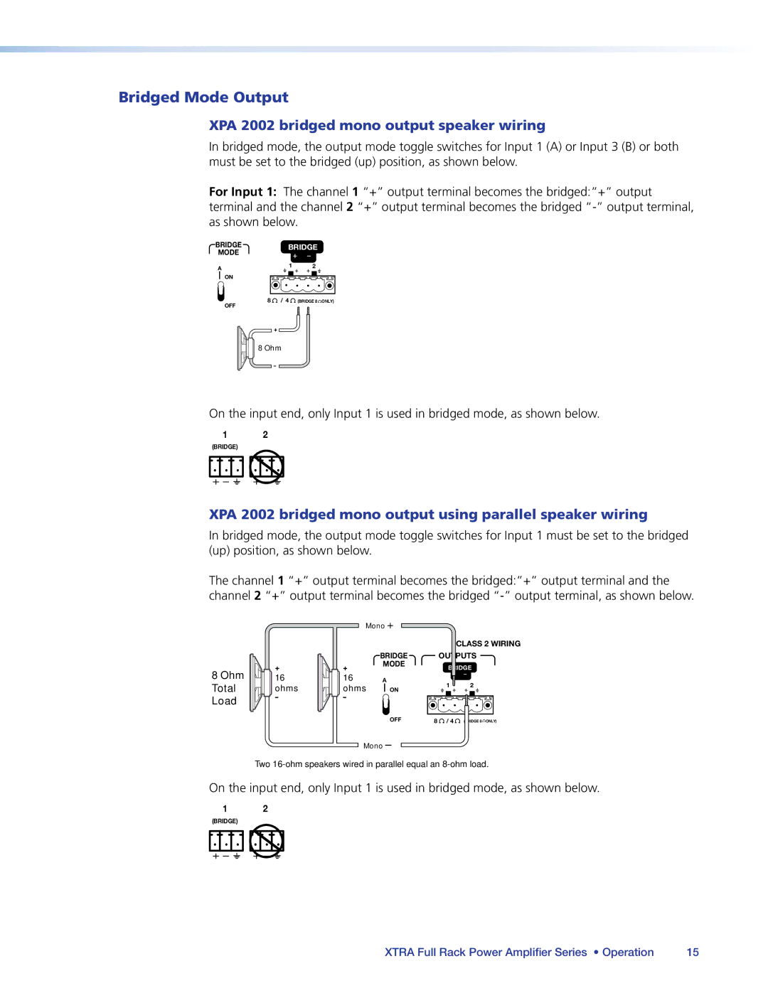 Extron electronic XPA 2004, XPA 2002-70V, XPA 2003C-70V Bridged Mode Output, XPA 2002 bridged mono output speaker wiring 