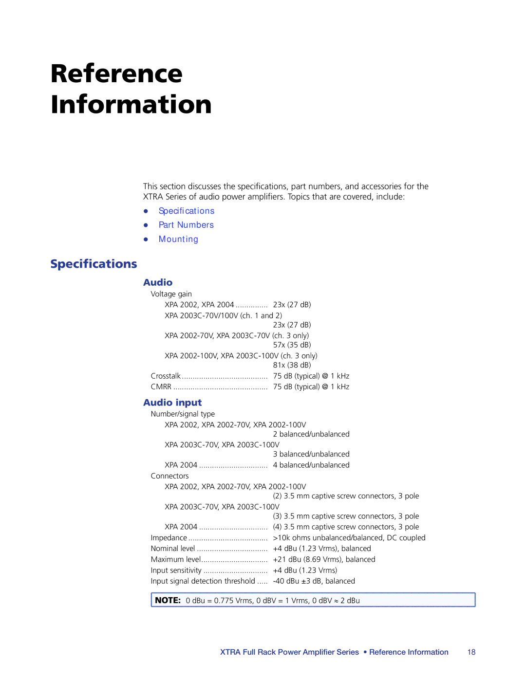 Extron electronic XPA 2002-100V, XPA 2002-70V, XPA 2004 manual Reference Information, Specifications, Audio input 