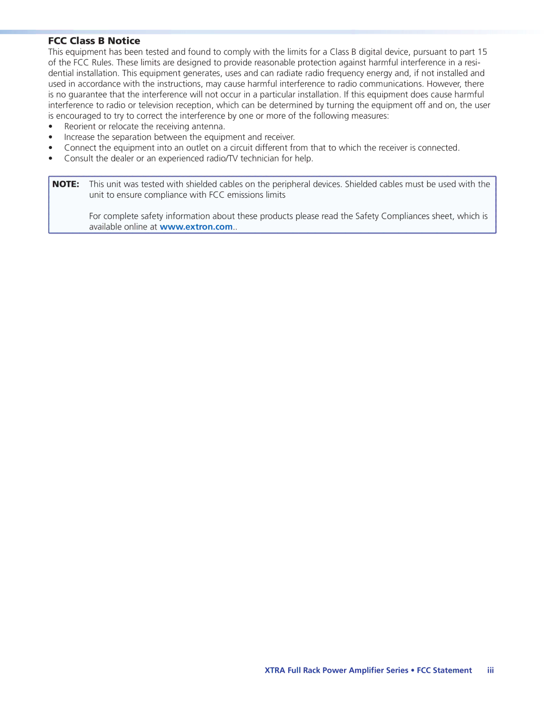 Extron electronic XPA 2003C-70V, XPA 2002-70V, XPA 2004, XPA 2003C-100V, XPA 2002-100V manual FCC Class B Notice 