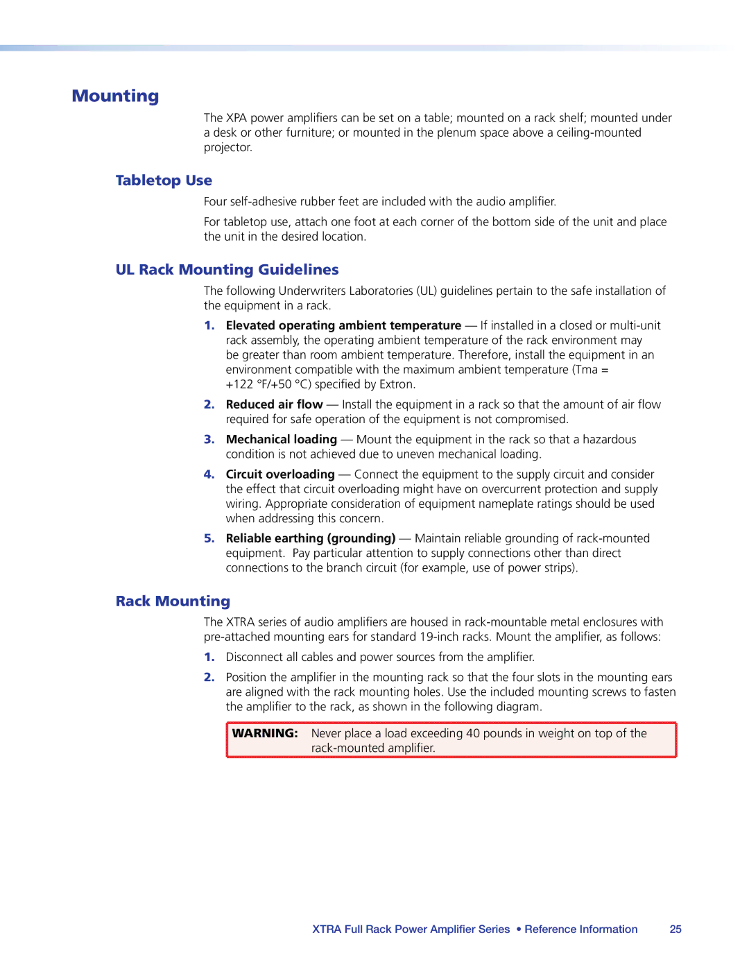 Extron electronic XPA 2002-70V, XPA 2004, XPA 2003C-70V, XPA 2003C-100V Tabletop Use, UL Rack Mounting Guidelines 