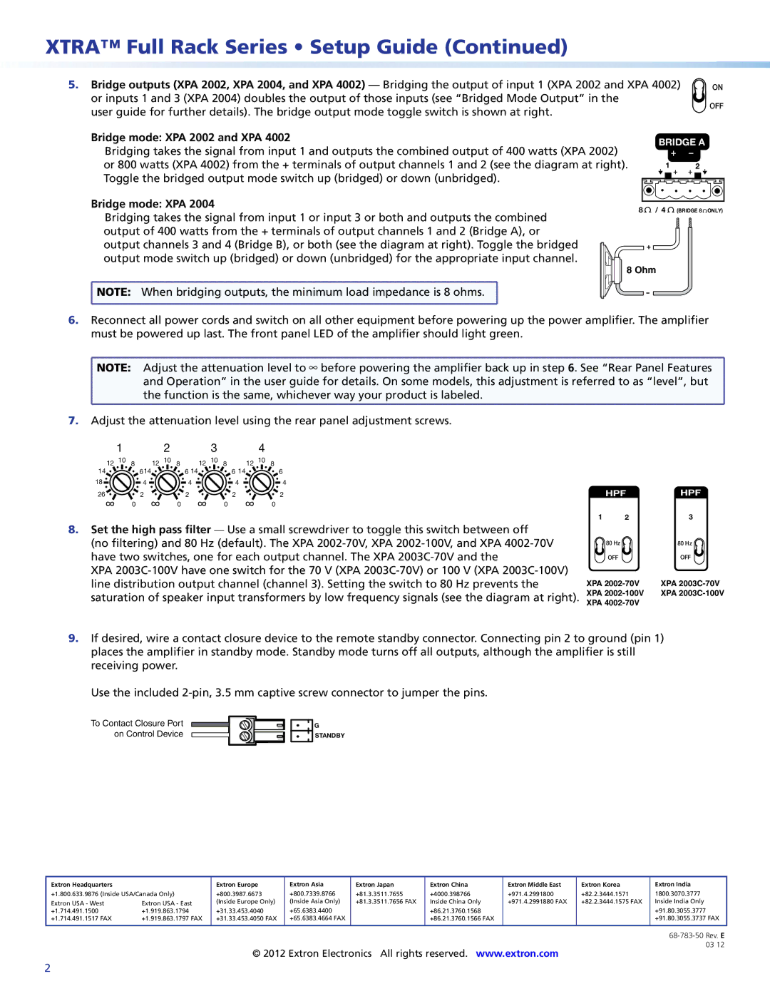 Extron electronic XPA 2004, XPA 2002-70V Bridge mode XPA 2002 and XPA, To Contact Closure Port on Control Device, Standby 