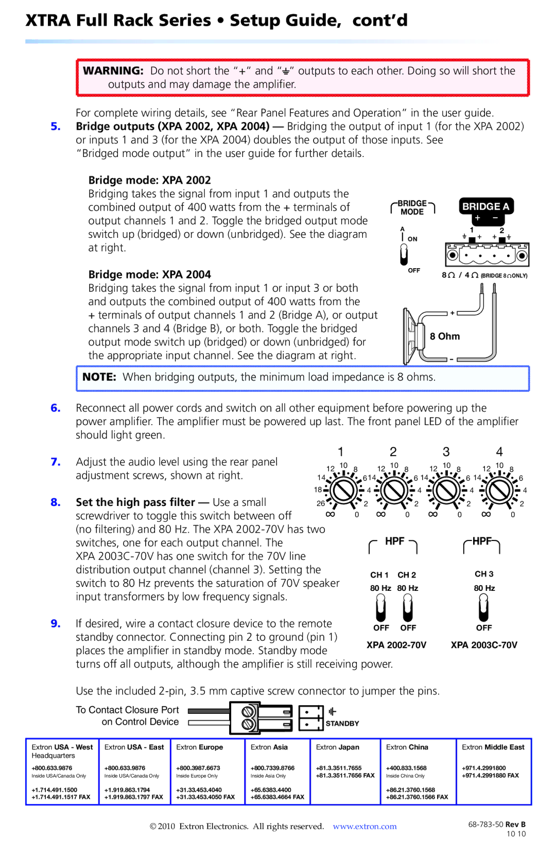 Extron electronic XPA 2004 Outputs and may damage the amplifier, Bridge mode XPA, Set the high pass filter Use a small 