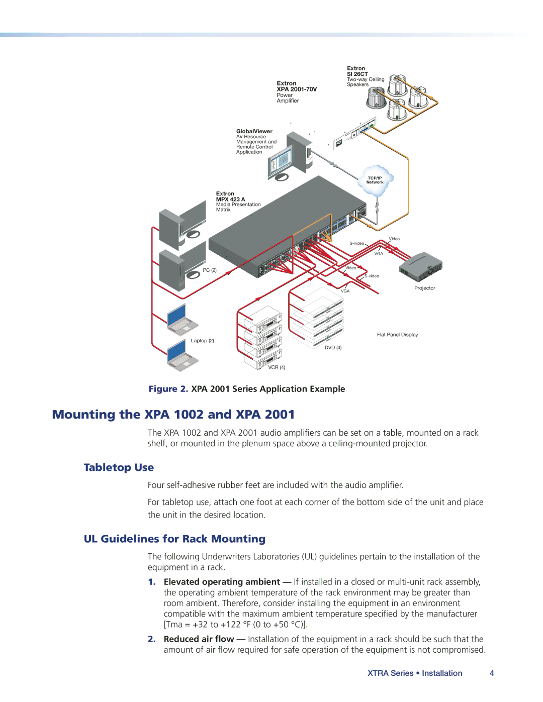 Extron electronic XPA1002, XPA2001-70V manual Mounting the XPA 1002 and XPA, Tabletop Use, UL Guidelines for Rack Mounting 