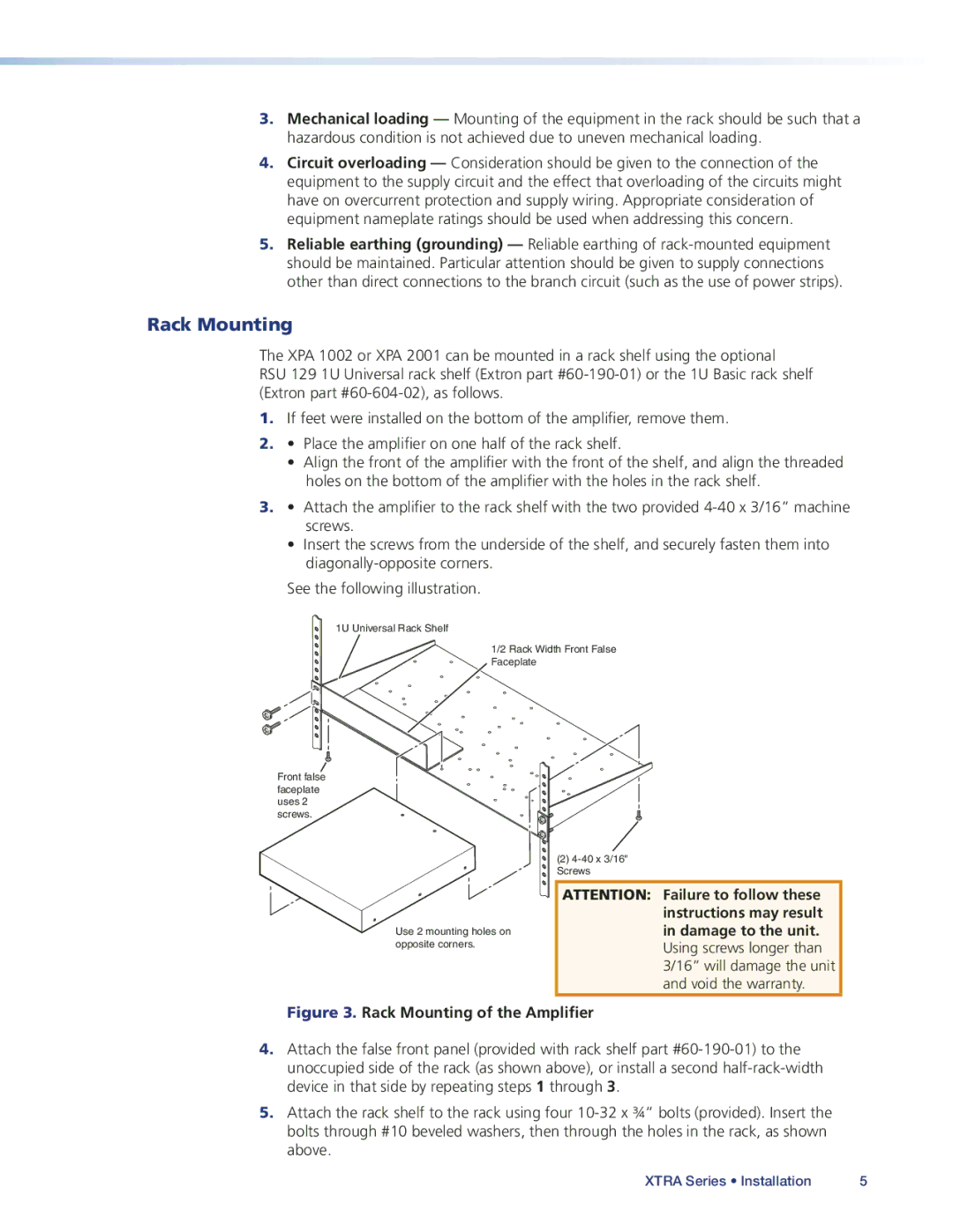 Extron electronic XPA2001-100V, XPA2001-70V, XPA1002 manual Rack Mounting of the Amplifier 