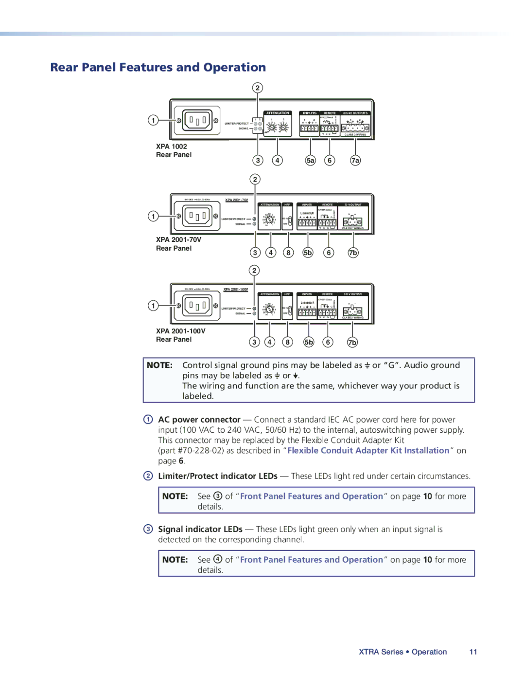 Extron electronic XPA2001-100V, XPA2001-70V, XPA1002 manual Rear Panel Features and Operation, Attenuation Inputs Remote 