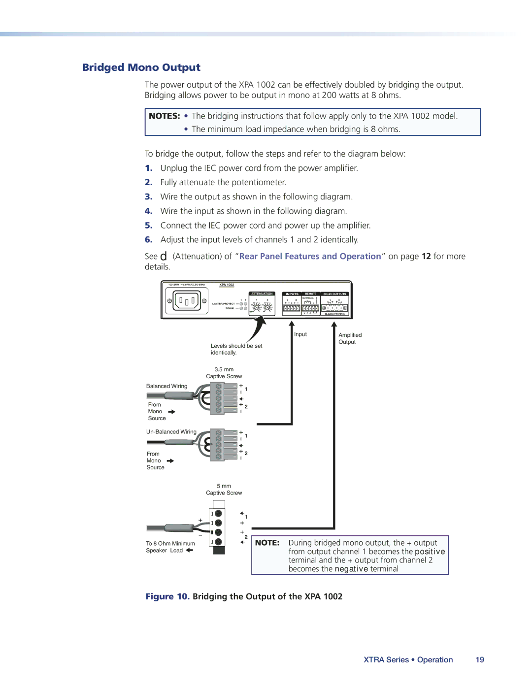 Extron electronic XPA1002, XPA2001-70V, XPA2001-100V manual Bridged Mono Output, Bridging the Output of the XPA 