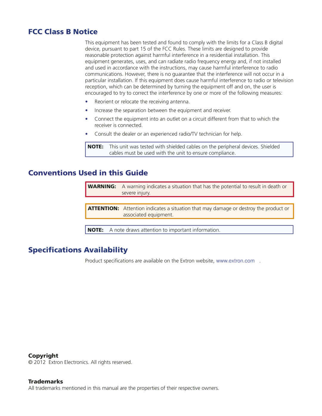 Extron electronic XPA2001-70V, XPA1002, XPA2001-100V manual FCC Class B Notice, Specifications Availability 