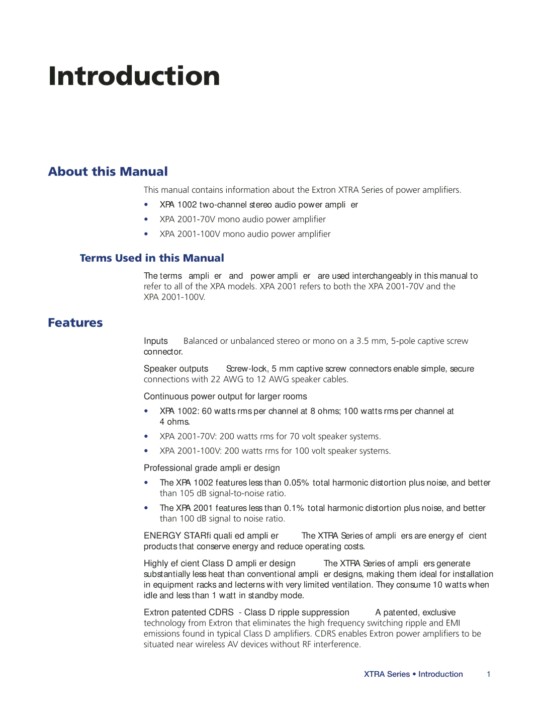 Extron electronic XPA1002 About this Manual, Features, Terms Used in this Manual, Continuous power output for larger rooms 