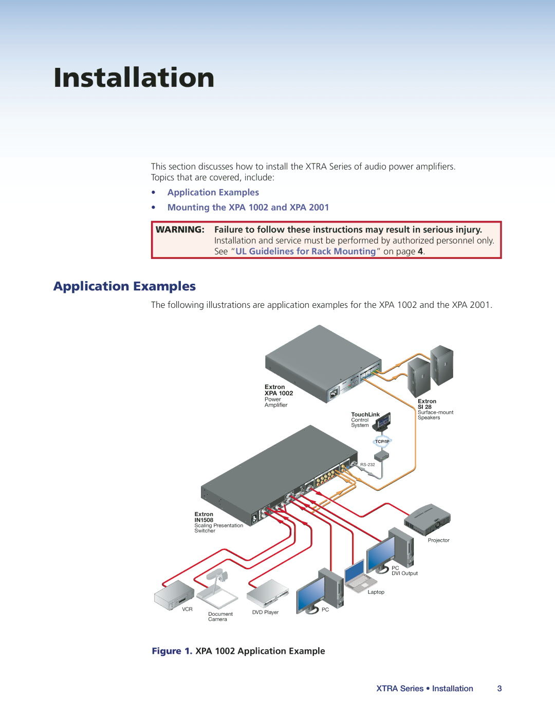 Extron electronic XPA2001-70V, XPA1002, XPA2001-100V manual Application Examples, XPA 1002 Application Example 