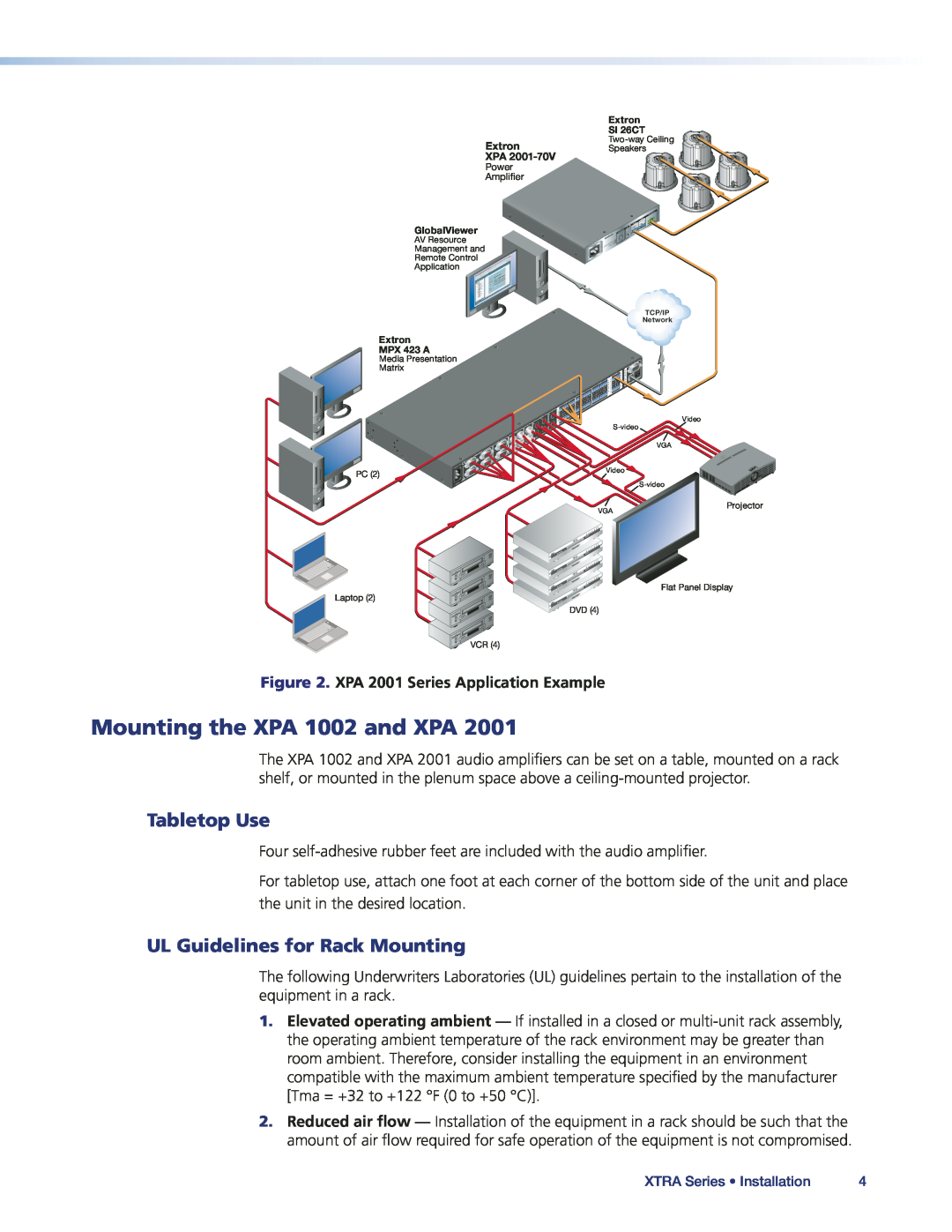 Extron electronic XPA1002, XPA2001-70V manual Mounting the XPA 1002 and XPA, Tabletop Use, UL Guidelines for Rack Mounting 