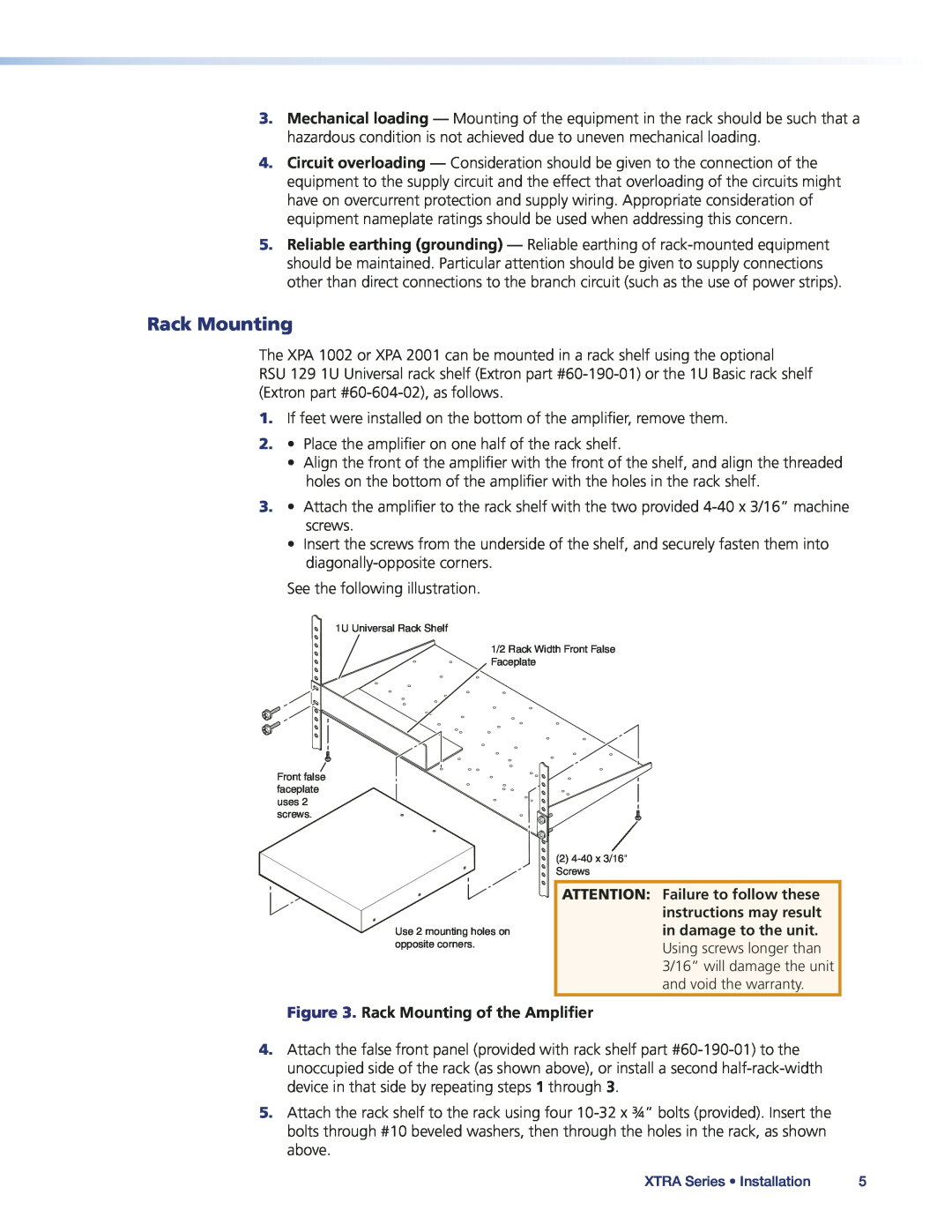 Extron electronic XPA2001-100V, XPA2001-70V, XPA1002 manual Rack Mounting of the Amplifier 