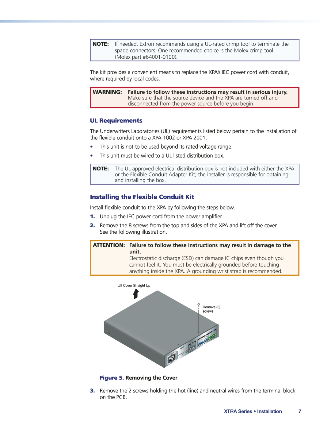 Extron electronic XPA1002, XPA2001-70V, XPA2001-100V manual UL Requirements, Installing the Flexible Conduit Kit 