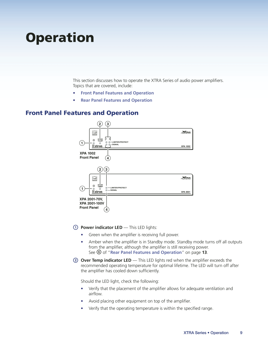 Extron electronic XPA2001-70V, XPA1002, XPA2001-100V manual Front Panel Features and Operation 