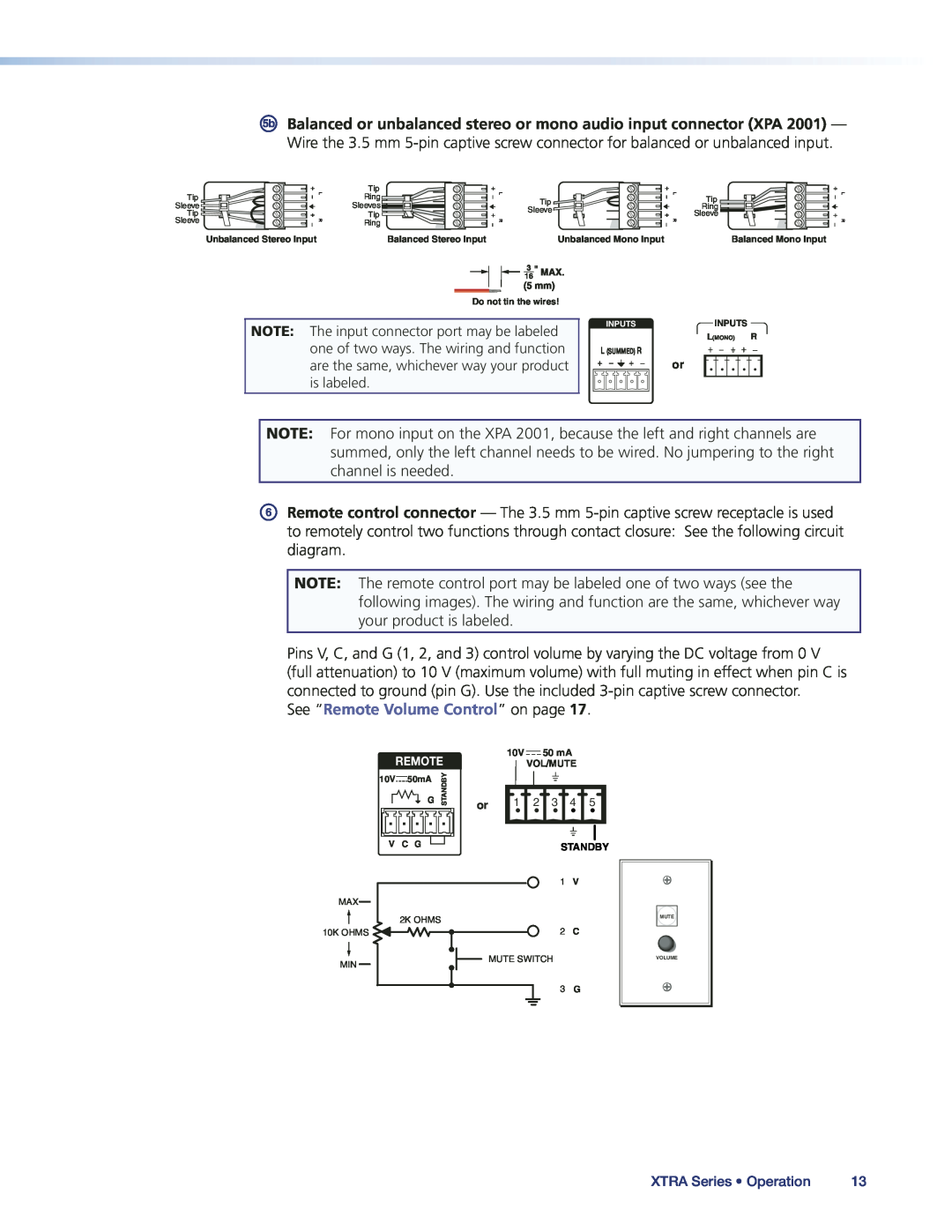 Extron electronic XPA1002, XPA2001-70V, XPA2001-100V manual See “Remote Volume Control” on page, XTRA Series Operation 