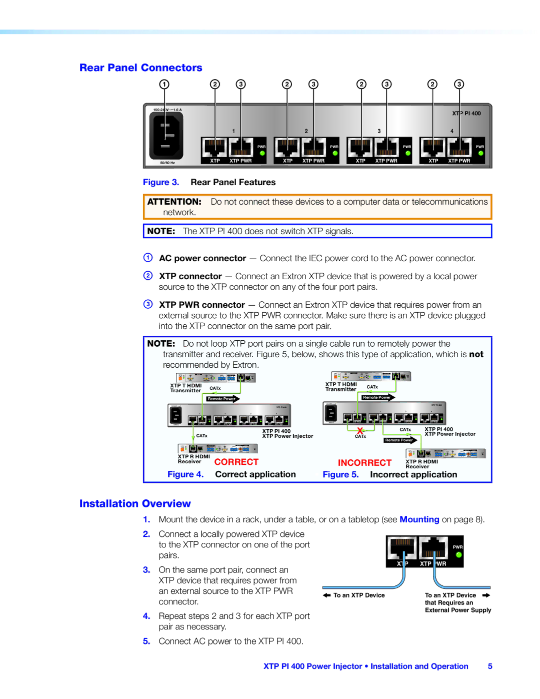 Extron electronic XTP PI 400 manual Rear Panel Connectors, Installation Overview, Correct application Incorrect application 